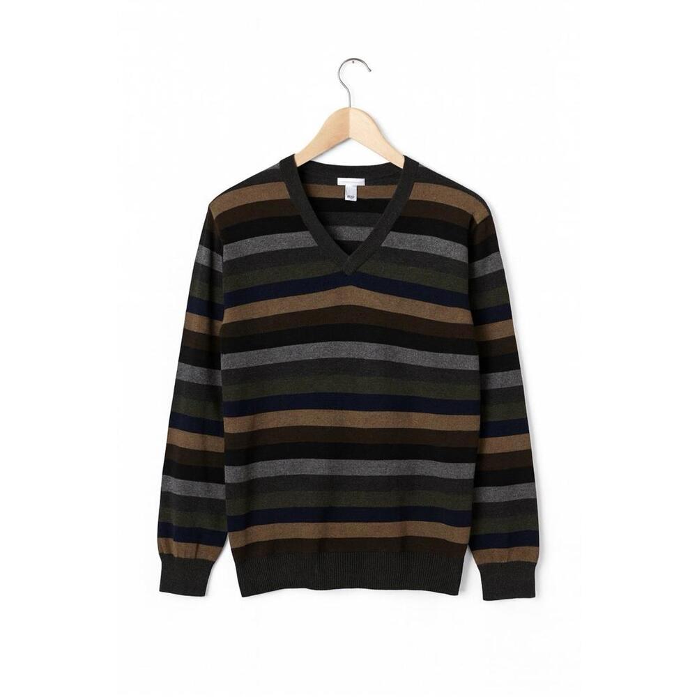100% Merino Wool Men's Pullover Sweater Sz Large Long Sleeve V-Neck Stripe